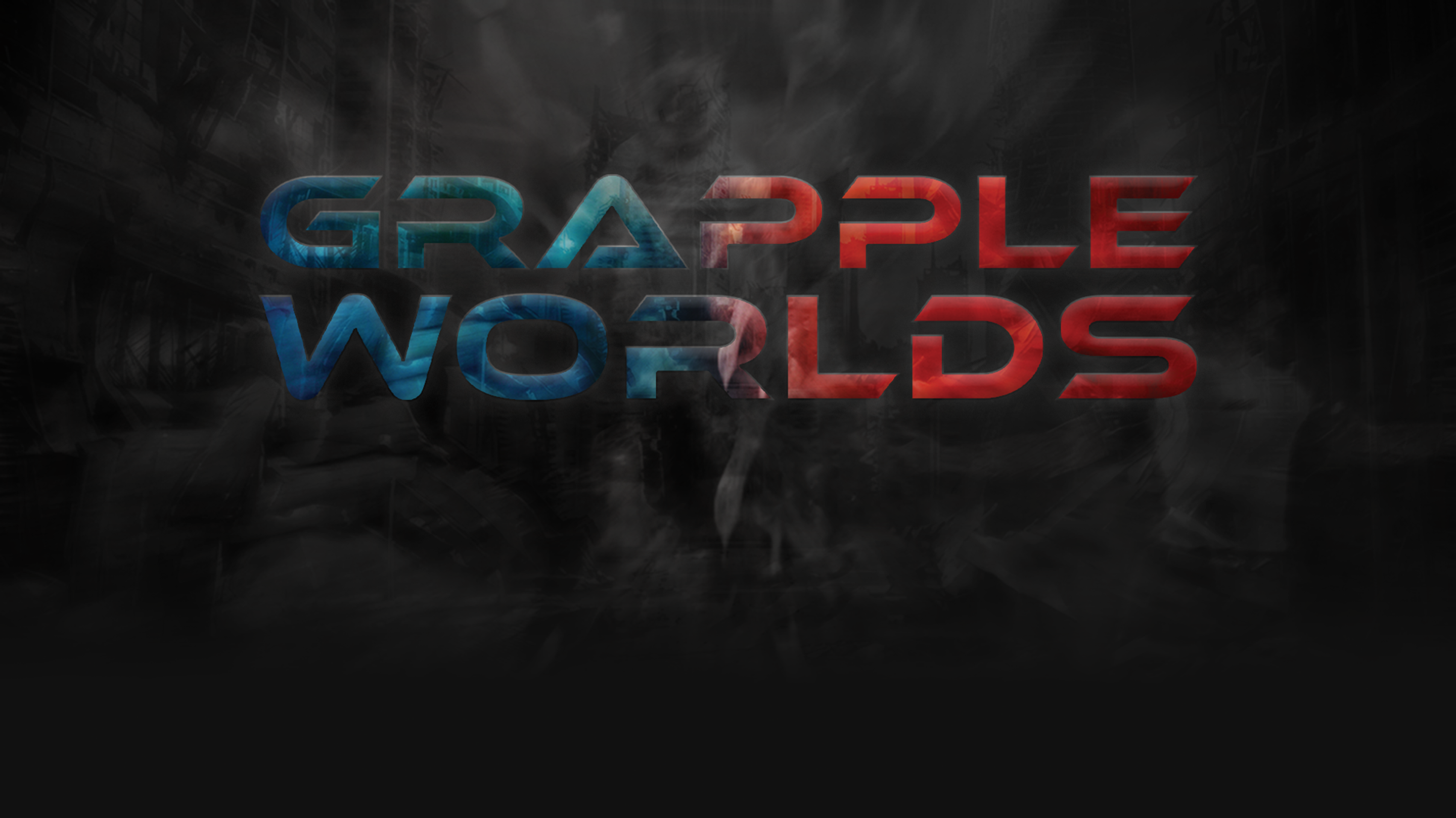 Text 'GRAPPLE WORLDS' in blue and red on a dark background with smoke effects.