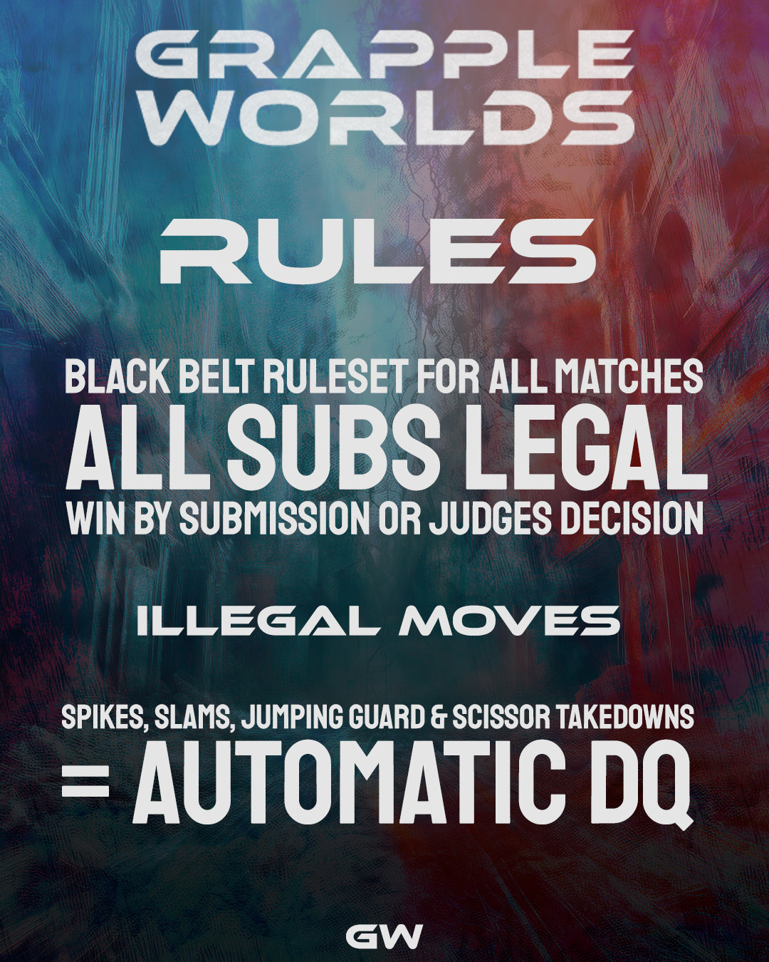 Grapple Worlds Ruleset poster with text on a colorful background