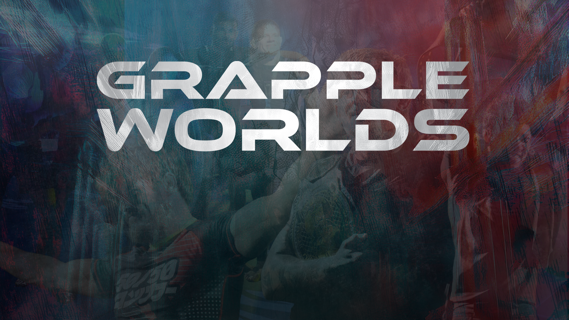 Text 'GRAPPLE WORLDS' over a blurred background with people in martial arts gear.